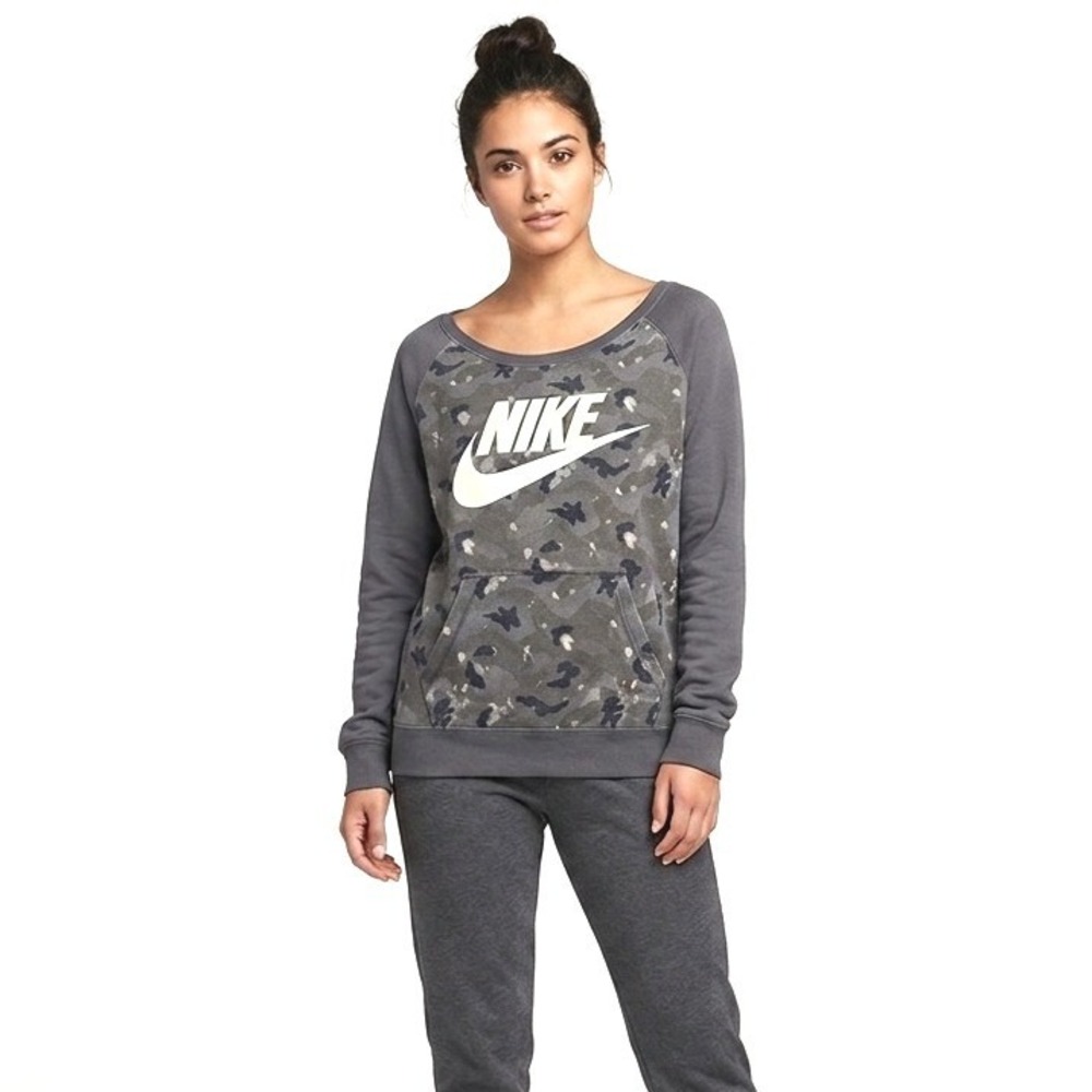 Nike Sweatshirt Womens L Grey Camo Raglan Sleeve Kangaroo Pocket‎ 557421-060
